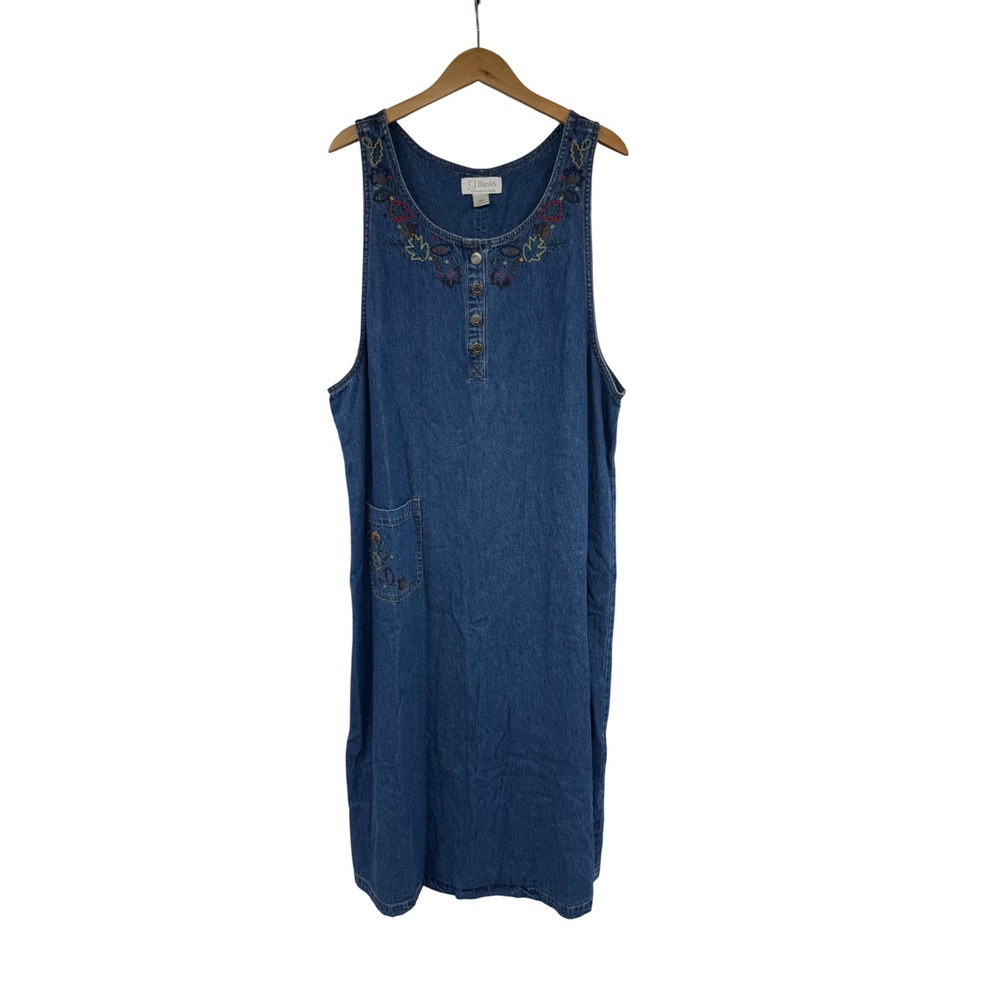 CJ Banks Womens 16W Denim Jumper Dress Embroidered Leaves Acorn Blue Midi